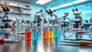 Display of high purity peptides in vials on a laboratory table surrounded by scientific tools.