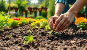 Gardening enthusiast cultivating a colorful community garden filled with vibrant plants.