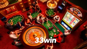 Players enjoy thrilling games at 33win casino, showcasing vibrant poker chips and roulette action.