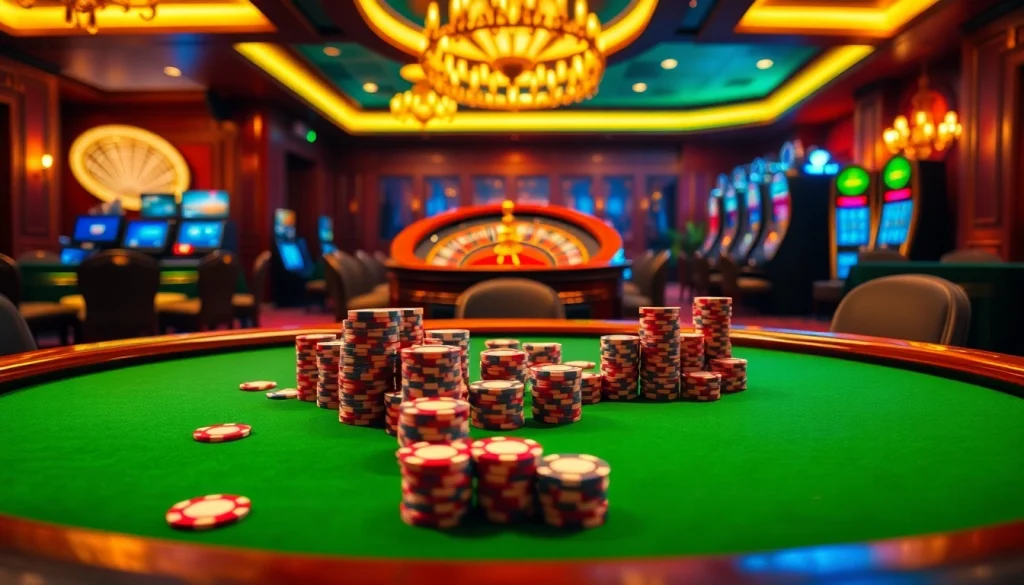 Engaging scene of players at a poker table with colorful chips and cards featuring the ib88 gaming interface.