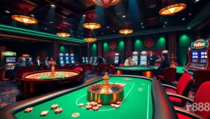 Experience high-stakes gaming action at rr88 with vibrant casino tables and slot machines.