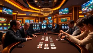 A dynamic gambling scene featuring a blackjack table and vibrant slots, reflecting the excitement of https://888b.report/.