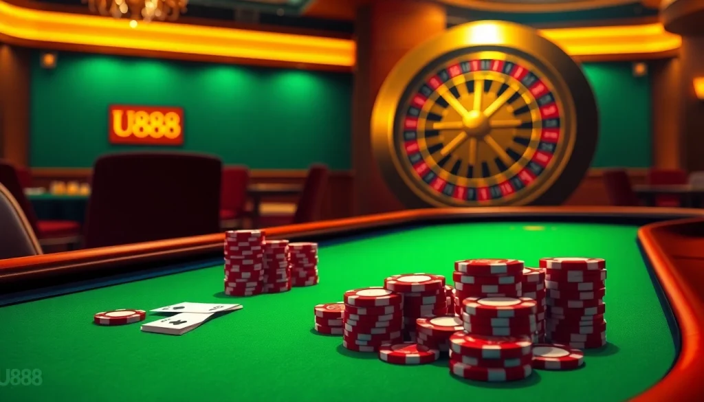 Players engaging in an exciting game at the U888 casino, highlighting vibrant poker chips and cards.
