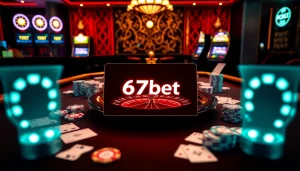 Engaging scene of a luxurious gaming table with 67bet elements, highlighting poker chips and cards.
