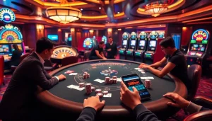 Exciting gambling atmosphere at 188bet with poker tables, roulette, and mobile betting.
