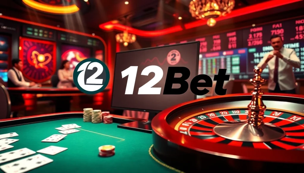Enjoying an exciting live betting experience with 12bet, featuring poker chips and gaming tables.