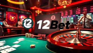 Enjoying an exciting live betting experience with 12bet, featuring poker chips and gaming tables.