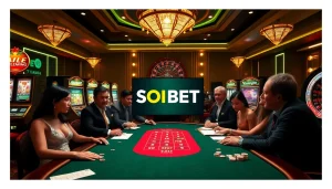 Experience the excitement at https://soibet.black/ with a high-stakes poker game showcasing chips and dynamic players.
