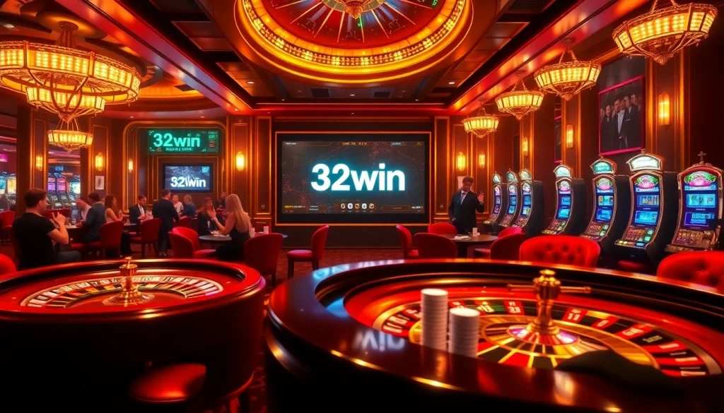 A thrilling casino ambiance showcasing players at 32win's luxurious poker table with vibrant lights.