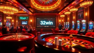 A thrilling casino ambiance showcasing players at 32win's luxurious poker table with vibrant lights.