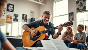 Engaging guitar lesson at https://guitarlessons.co.uk with a professional instructor and attentive students.