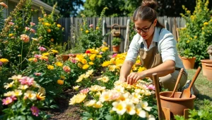 Gardening expert showcasing vibrant flower bed care in a sunny backyard.