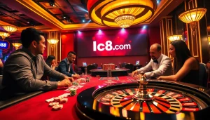 Engaged players at a vibrant casino table featuring lc88.com, showcasing thrilling poker gameplay with chips and cards.