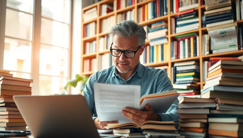 Un traducteur professionnel utilisant translatecompany.fr pour traduire des documents dans un bureau moderne.