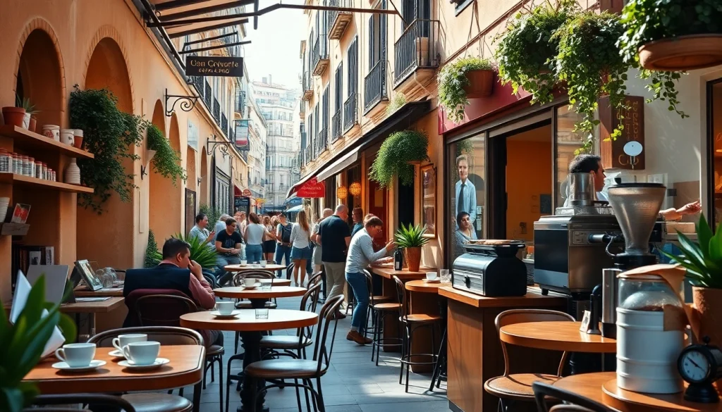 Visitez un café animé dans une rue espagnole avec une ambiance chaleureuse de coffee shop espagne.