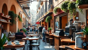 Visitez un café animé dans une rue espagnole avec une ambiance chaleureuse de coffee shop espagne.