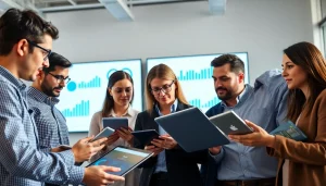 Analyze competitive intelligence strategies with a team collaborating in a vibrant office.