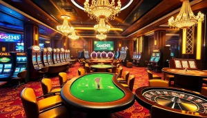 Players enjoying thrilling casino games at God345's luxurious venue, surrounded by vibrant slot machines and poker tables.
