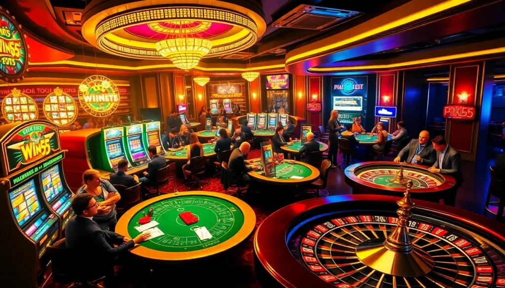Experience the thrill of win55 with players enjoying high-stakes poker and vibrant slot machines.