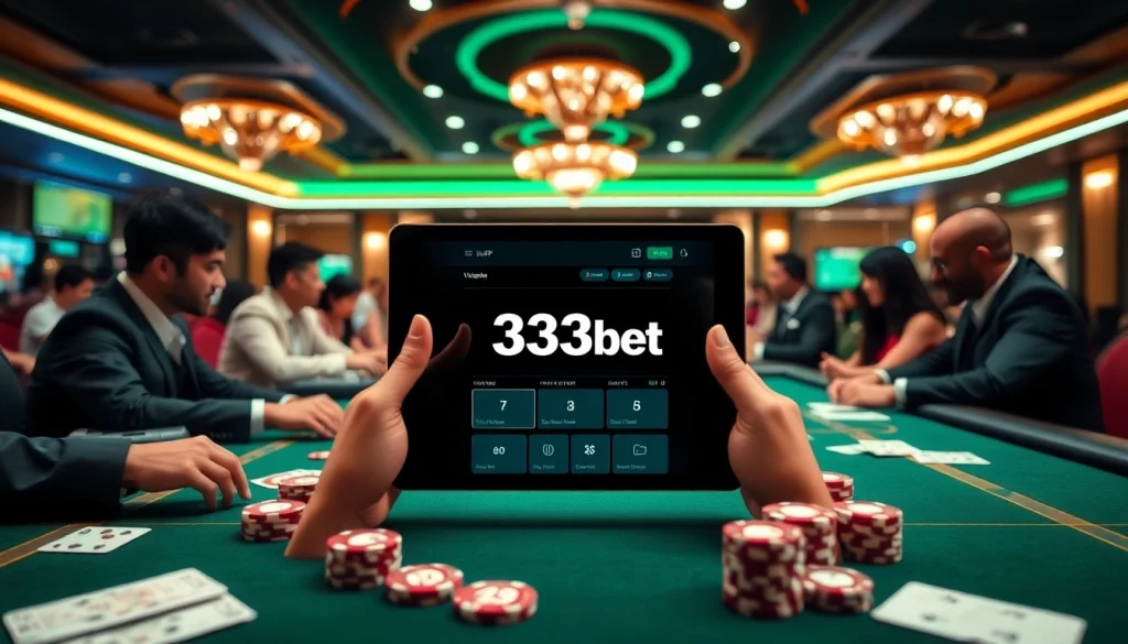 The 333bet App displayed on a digital screen at a luxurious casino table with poker chips and cards.
