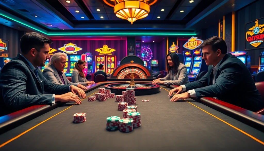 Exciting casino gaming scene featuring qq88 poker players at a chip-filled table.