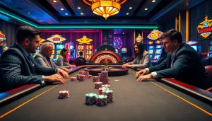 Exciting casino gaming scene featuring qq88 poker players at a chip-filled table.