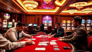 Exciting poker game at an upscale casino highlighting 7mcn's betting strategies.