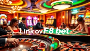 Experience thrilling gameplay with a vibrant casino scene at Link vào F8bet, showcasing roulette and poker excitement.