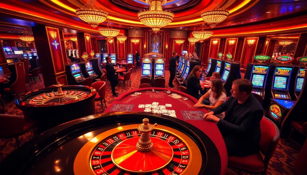SHBET casino scene with roulette wheel and poker table, showcasing excitement and luxury in gambling.
