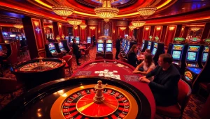 SHBET casino scene with roulette wheel and poker table, showcasing excitement and luxury in gambling.