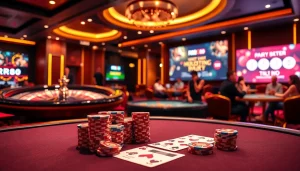 Experience the thrill of RR88 casino gaming with vibrant tables, chips, and a roulette wheel in a luxurious setting.