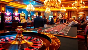 Exciting casino scene showcasing PG66 gaming with players at roulette and poker tables.