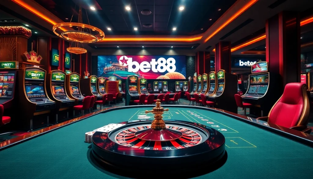Experience the excitement of bet88 with professional casino tables, vibrant slot machines, and sports betting screens.