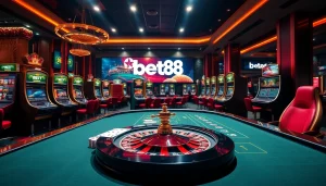 Experience the excitement of bet88 with professional casino tables, vibrant slot machines, and sports betting screens.