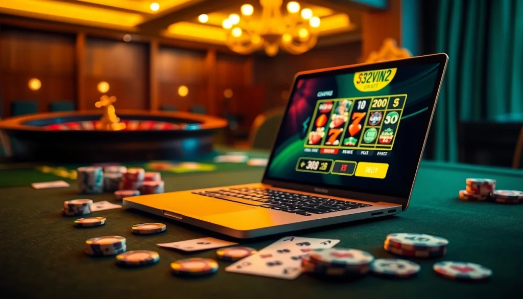 Engaging players at 32vin32 with vibrant poker chips and a sleek online casino interface.