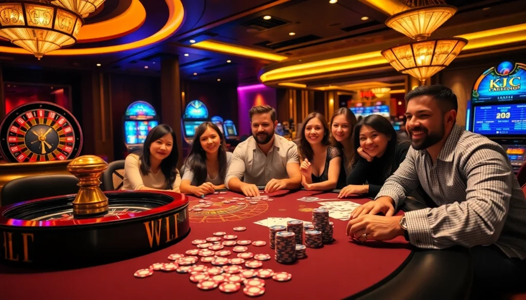 KJC players engaged in a high-stakes poker game at an upscale casino table with vibrant atmosphere.