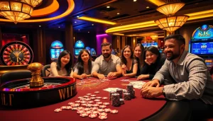KJC players engaged in a high-stakes poker game at an upscale casino table with vibrant atmosphere.