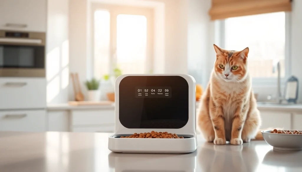 Engaging cat observes an automatic cat feeder in a contemporary kitchen setting.