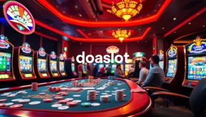 Engaging gamblers at a doaslot online casino with vibrant slot machines and casino tables.