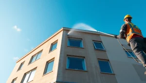 Profesionalni postopek čiščenja fasade, ki prikazuje tehnologijo nizkega tlaka in varnostne ukrepe. čiščenje fasade v delovanju.