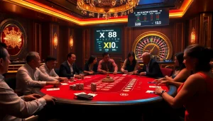 Players at the XX 88 baccarat table strategizing their bets in a vibrant casino.
