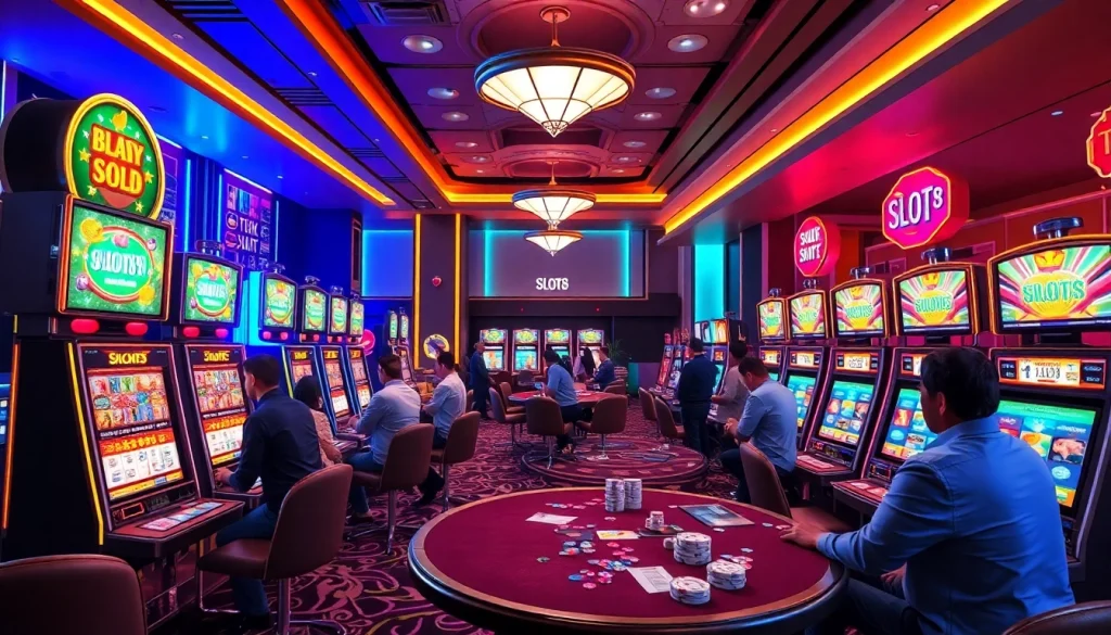 Experience the excitement of SLOTS8 with vibrant slot machines and eager players in a luxurious casino.