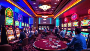 Experience the excitement of SLOTS8 with vibrant slot machines and eager players in a luxurious casino.