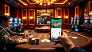Engaging scene showcasing players enjoying poker at a casino, featuring the 136bet App on a smartphone.