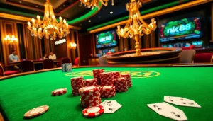 nk88 poker chips and cards arranged on a luxurious casino table, enhancing an exciting gaming atmosphere.