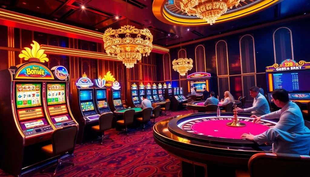 Exciting casino gameplay at thabet com showcasing vibrant slot machines and poker tables.