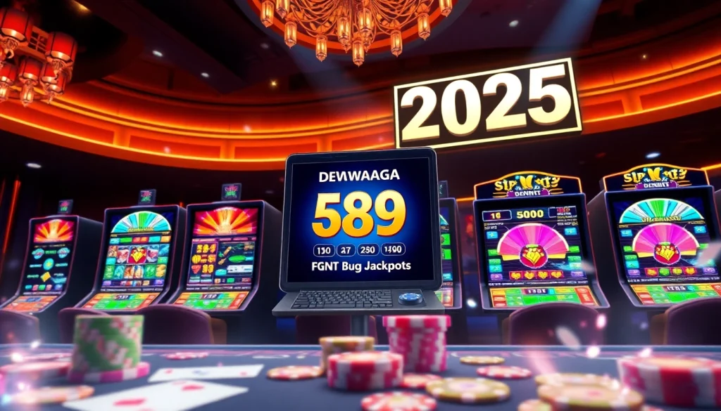 Tampilan slot Dewanaga89 dengan gulungan berwarna-warni dan jackpot yang mendebarkan di latar kasino yang penuh warna.