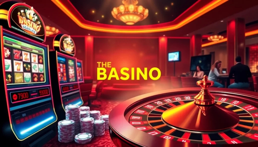 RAJABARONG offers an elegant casino scene with vibrant slot machines and poker chips.