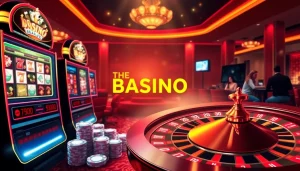 RAJABARONG offers an elegant casino scene with vibrant slot machines and poker chips.