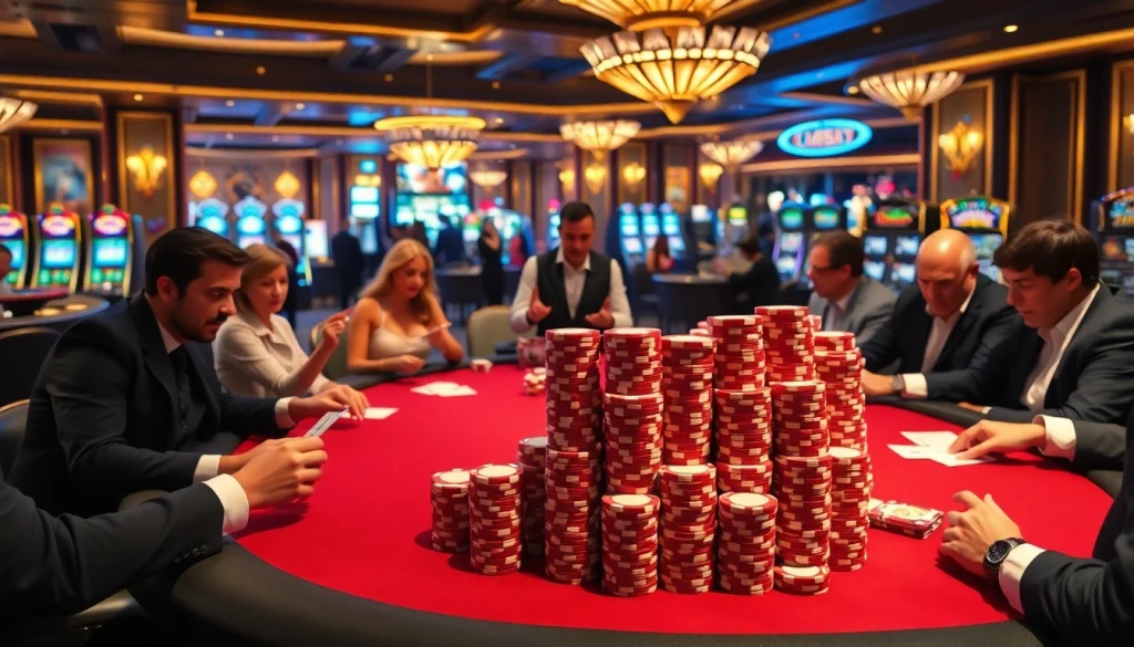 Players enjoying thrilling poker games with F168 chips in a high-stakes casino setting.